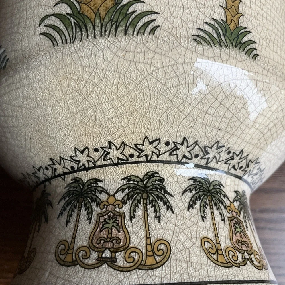 Tropical Palm Tree Coastal Vtg 2001 Ceramic Pitcher Vase 14.5